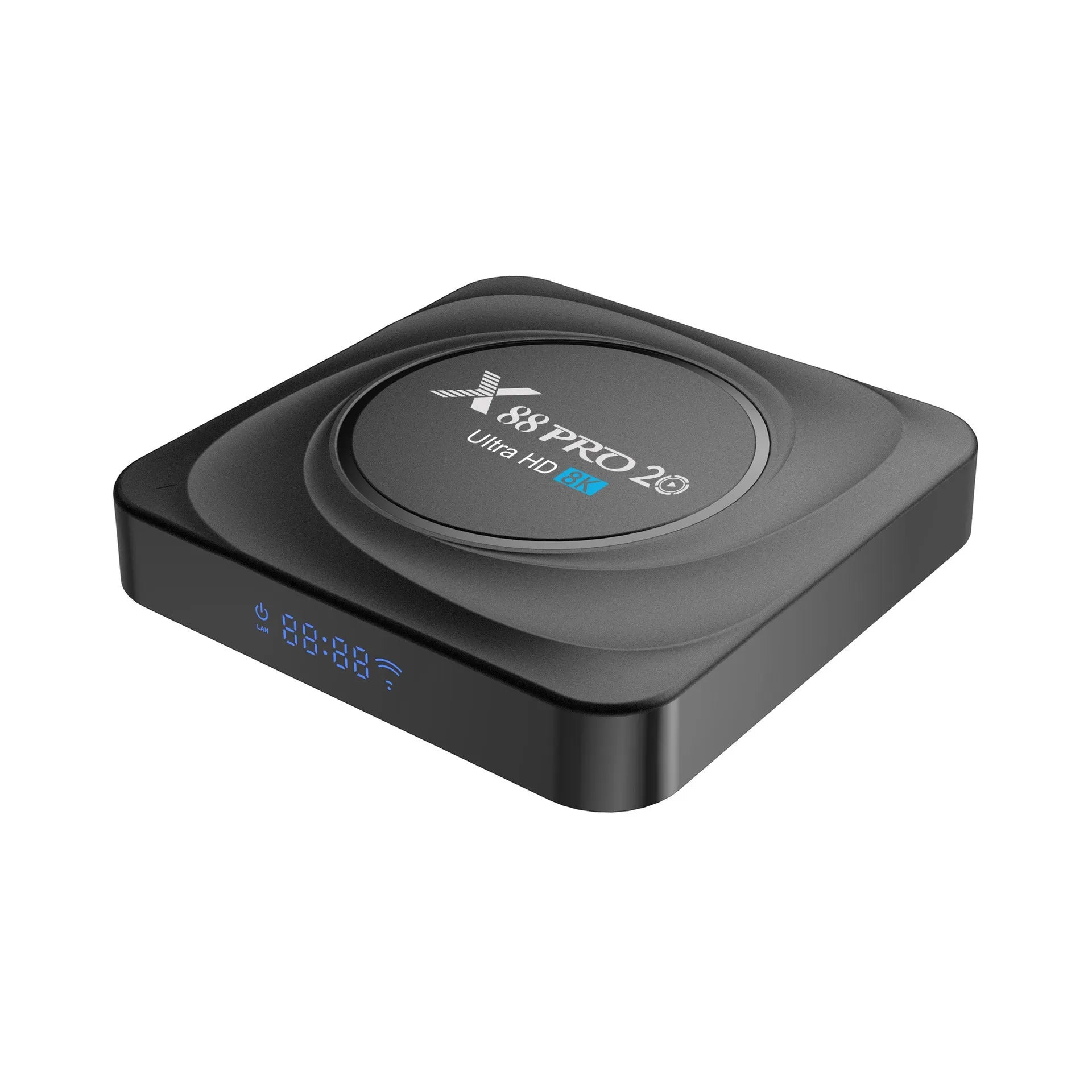 Compact black Android TV set-top box with HDMI port, remote control, and power cable.