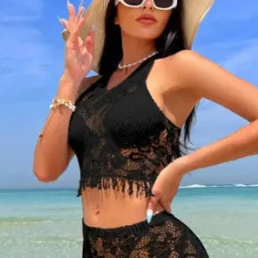 Women's white bikini set with tassel skirt cover-up and lace trim