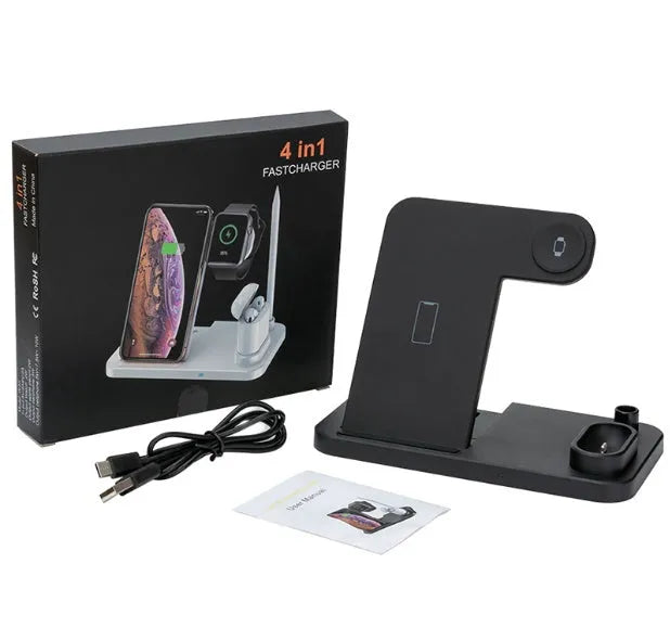 4-in-1 wireless charging station with adjustable magnetic stand charging phone, watch, earbuds, and stylus on a desk