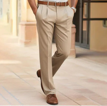 Man modelling a khaki and white striped loose-fit long sleeve casual button shirt.