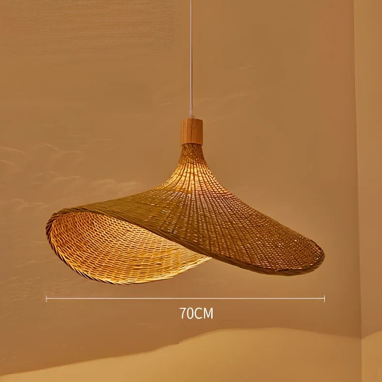 Bamboo rattan chandelier 30cm diameter with adjustable 1m height, Southeast Asian style in warm light mode