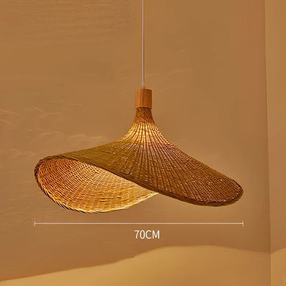 Bamboo rattan chandelier 30cm diameter with adjustable 1m height, Southeast Asian style in warm light mode
