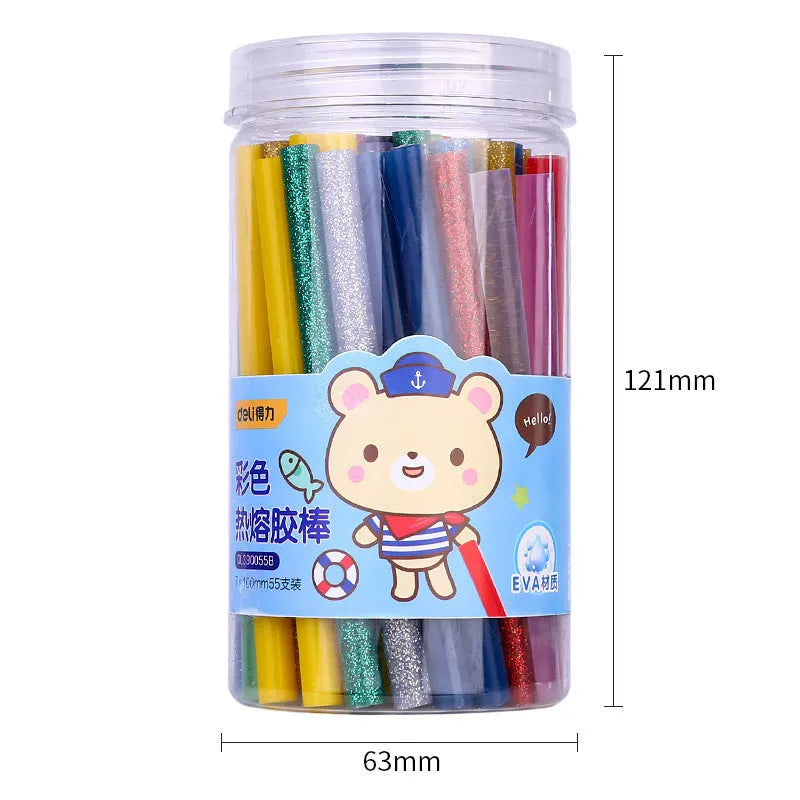 Pack of 55 clear hot melt glue sticks with 7.0mm diameter next to a glue gun