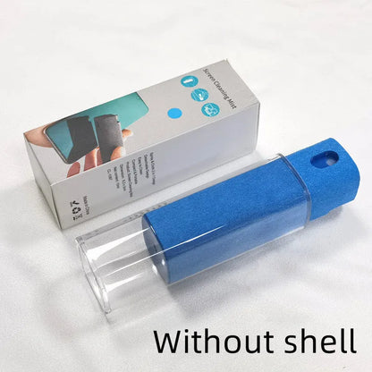 Portable all-in-one screen cleaner kit with protective shell, microfiber wipe, and internal fluid bottle.