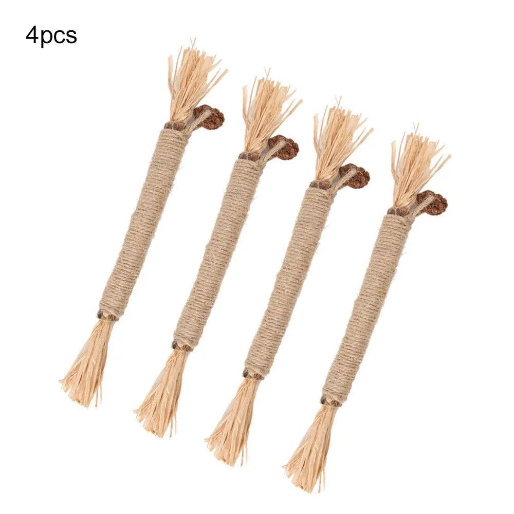 Natural silvervine chew sticks for cats with sisal rope for dental care, showing thick and fine diameter options