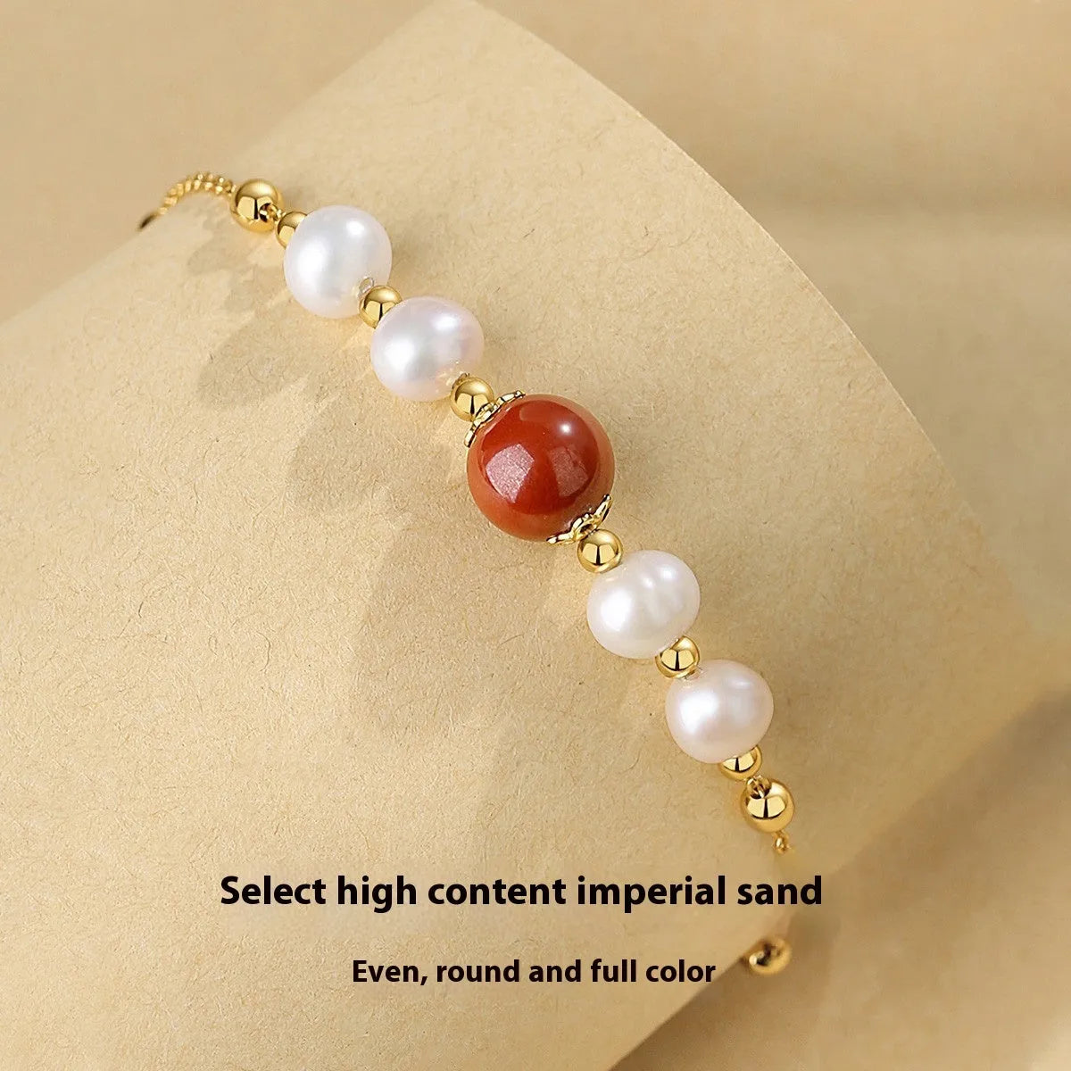 Yellow retro bracelet with red bean pearls and cinnabar on 925 silver with free size adjustment