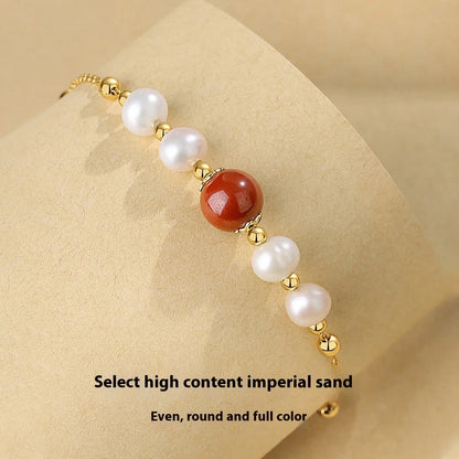 Yellow retro bracelet with red bean pearls and cinnabar on 925 silver with free size adjustment