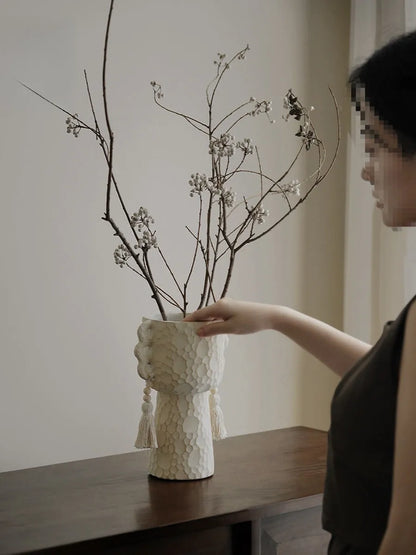 Ceramic Binaural Tassel Flower design succulent pot in Silent Wind style, showing high and low model variants.
