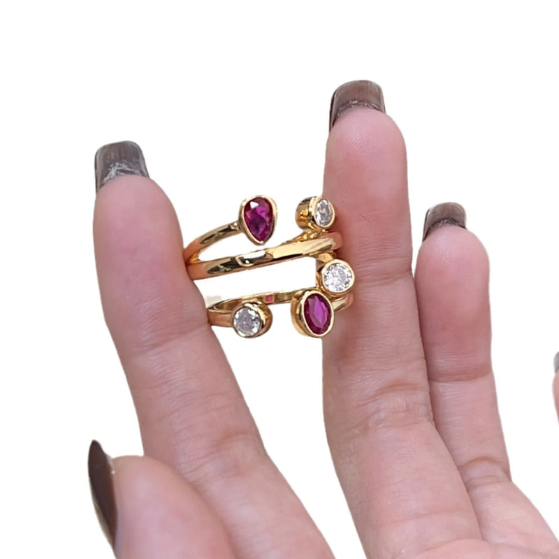 Retro geometric diamond ring made from copper with electroplating treatment featuring an irregular cross design in red and white two-tone or green and white two-tone colour options for a bold statement accessory.