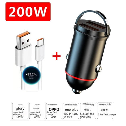 Black 200W car charger with zinc alloy housing and USB port for vehicle charging