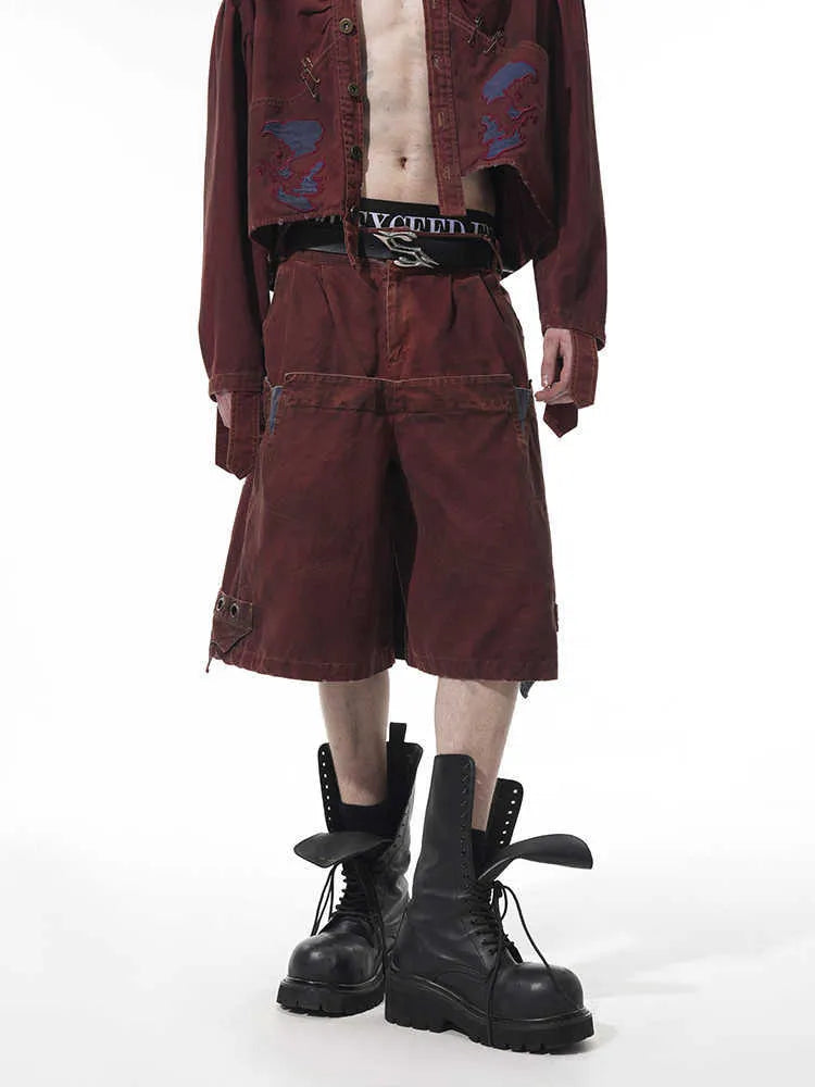 Men's black double waist cropped pants with washed stitching detail and loose fit