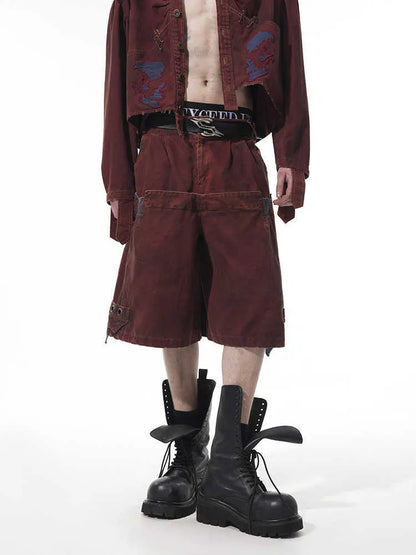 Men's black double waist cropped pants with washed stitching detail and loose fit