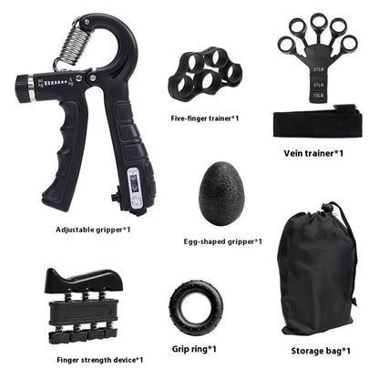 Black seven-piece adjustable grip strength trainer set with finger trainer, egg grip, chart and storage bag