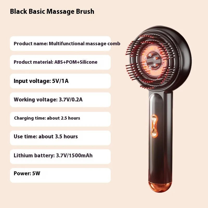 Black handheld plastic massage hair comb with red and blue lights on, showing teeth and Type-C charging port.
