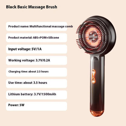 Black handheld plastic massage hair comb with red and blue lights on, showing teeth and Type-C charging port.