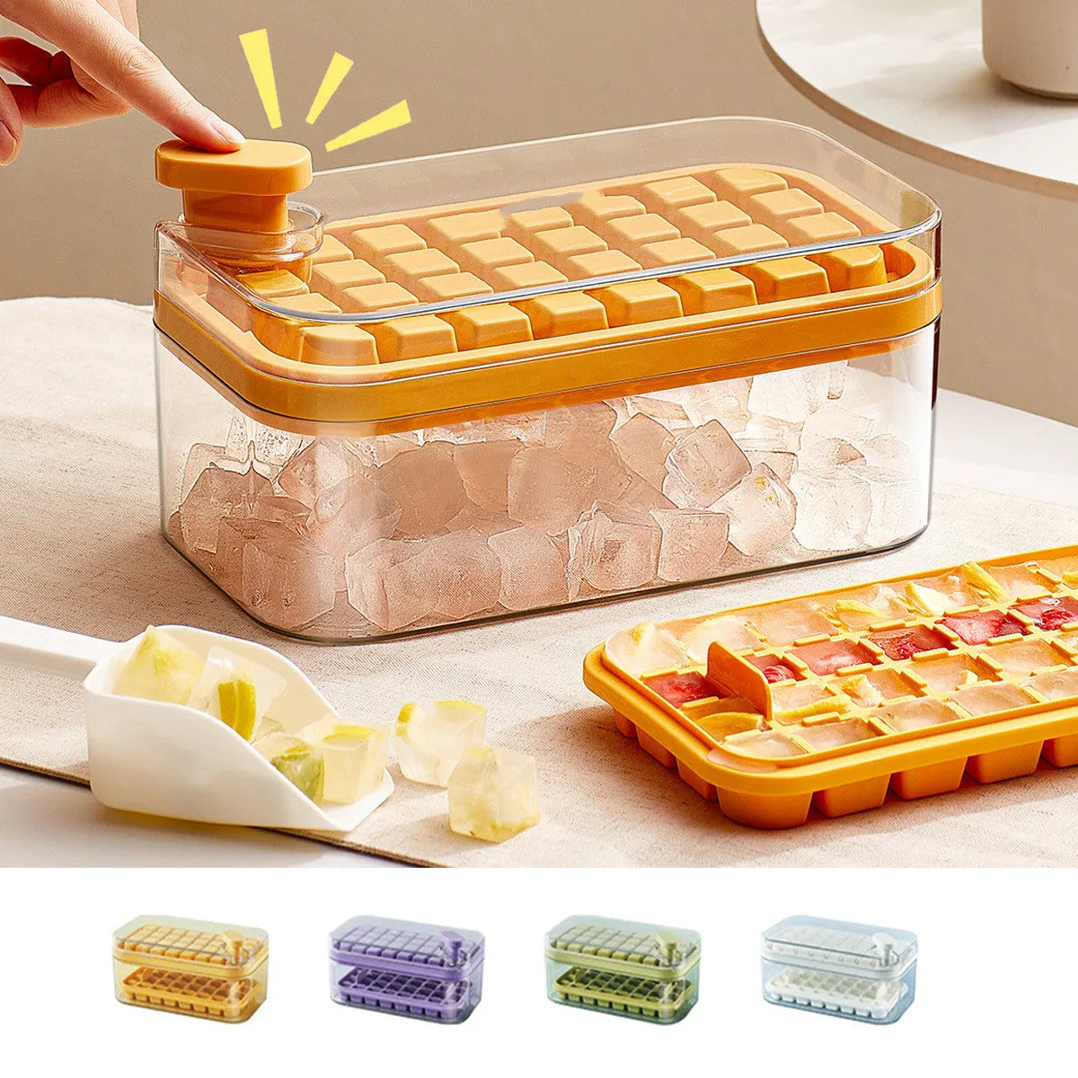 Green one-button press ice mould box with storage lid and ice shovel on kitchen counter