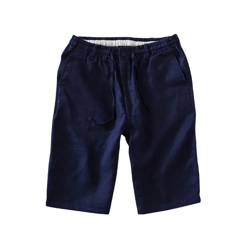 Men's loose-fit linen capri pants in a straight-leg style on a white background