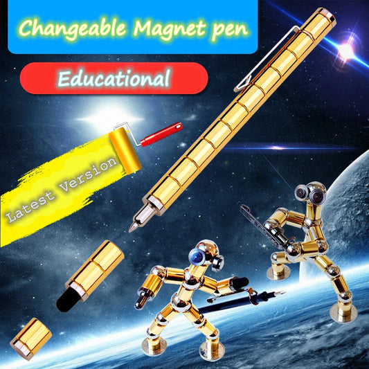 Modular magnetic pen with erasable ink, stress-relieving fidget features, and interchangeable components