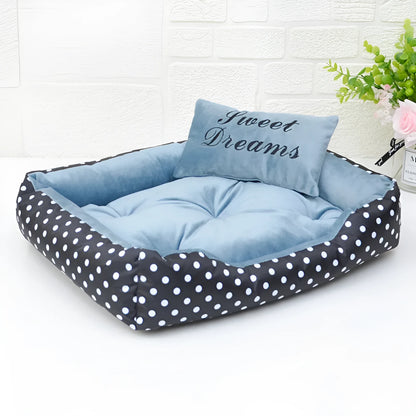 Polka dot print square nest dog bed for small dogs with a removable embroidery pillow in grey, blue, pink, or red.
