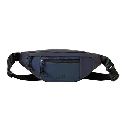 Blue crossbody chest bag with reflective strips and open pocket design