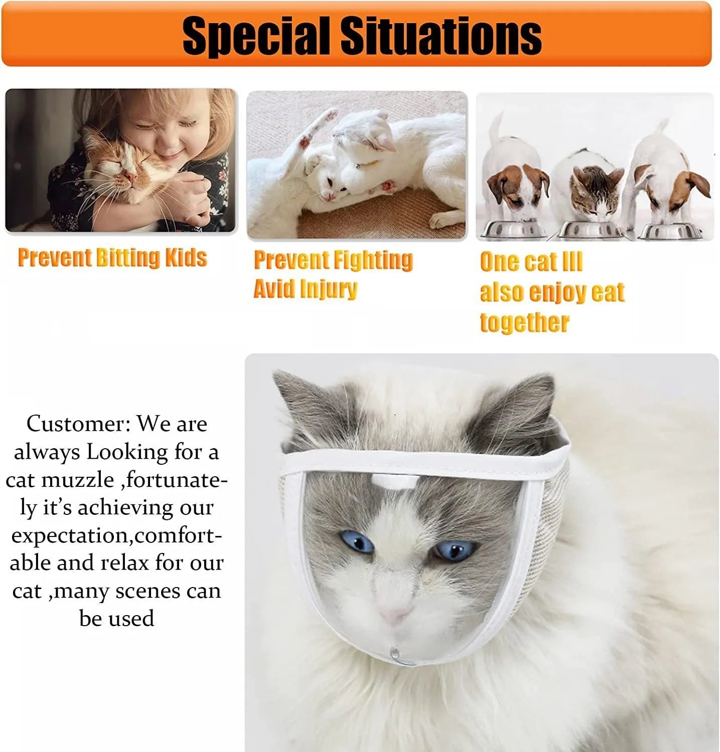 Clear transparent PVC and cotton cat muzzle with a centre breathing hole, shown in small and medium sizes.
