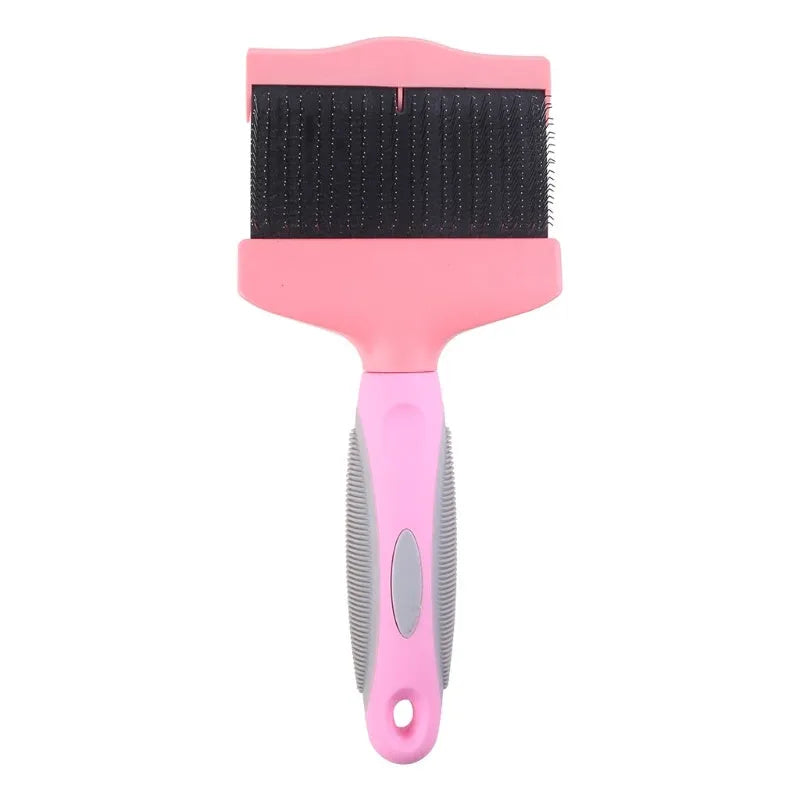 Blue double-sided pet brush for dogs and cats with stainless steel pins on a wooden table