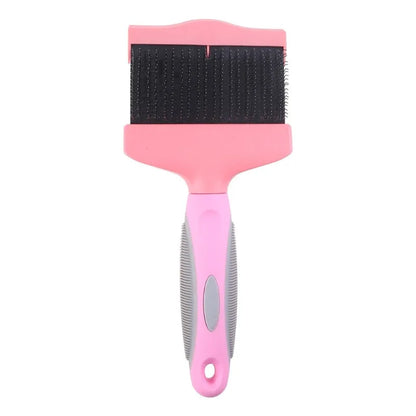Blue double-sided pet brush for dogs and cats with stainless steel pins on a wooden table