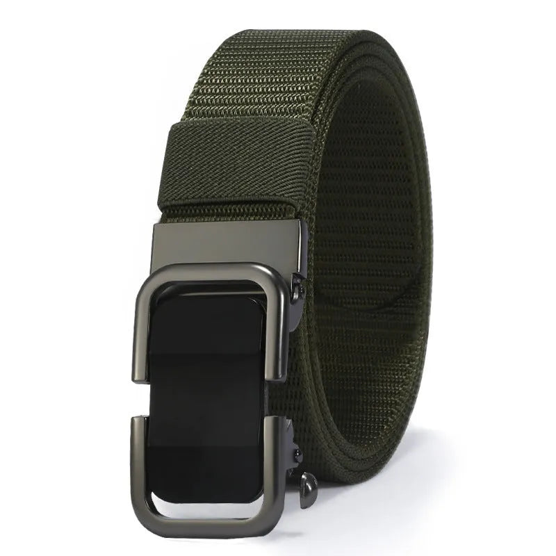 Men's toothless nylon canvas belt with an alloy buckle shown in Army Green colour, length 120cm.