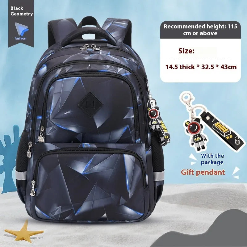 Blue children's school backpack with dinosaur pattern, showing curved shoulder straps and front pocket.
