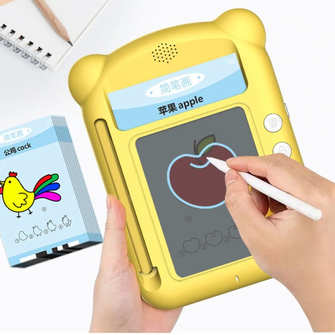 Yellow ABS early learning machine with card slots for bilingual education, measuring 254mm wide