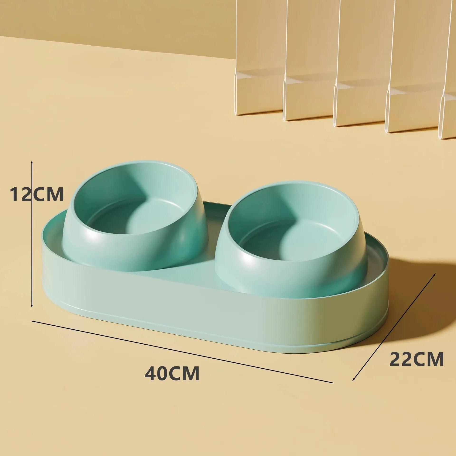 White elevated pet feeder with two tilted bowls on a non-slip base, for cat and small dog food and water.