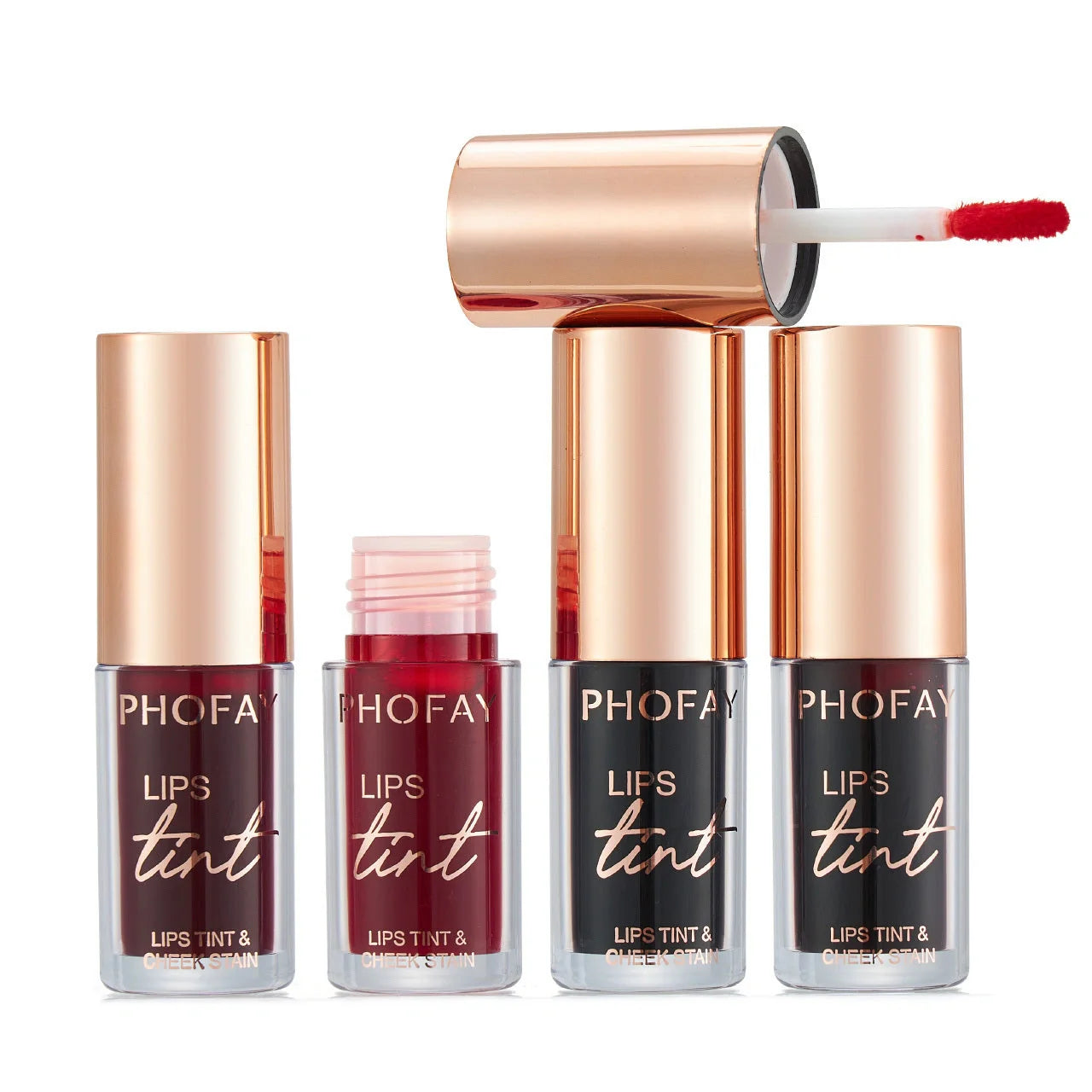 PHOFAY Lip Tint in various shades, showcasing vibrant, long-lasting colour for lips and cheeks.