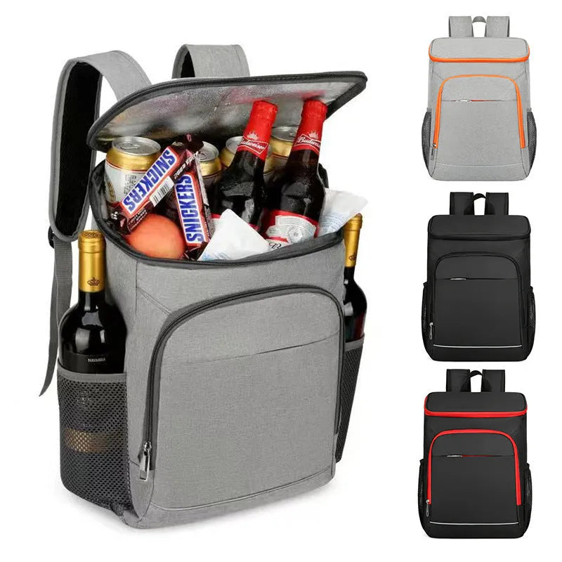 Large Oxford cloth backpack for outdoor thermal picnics with curved shoulder straps in grey with orange accents