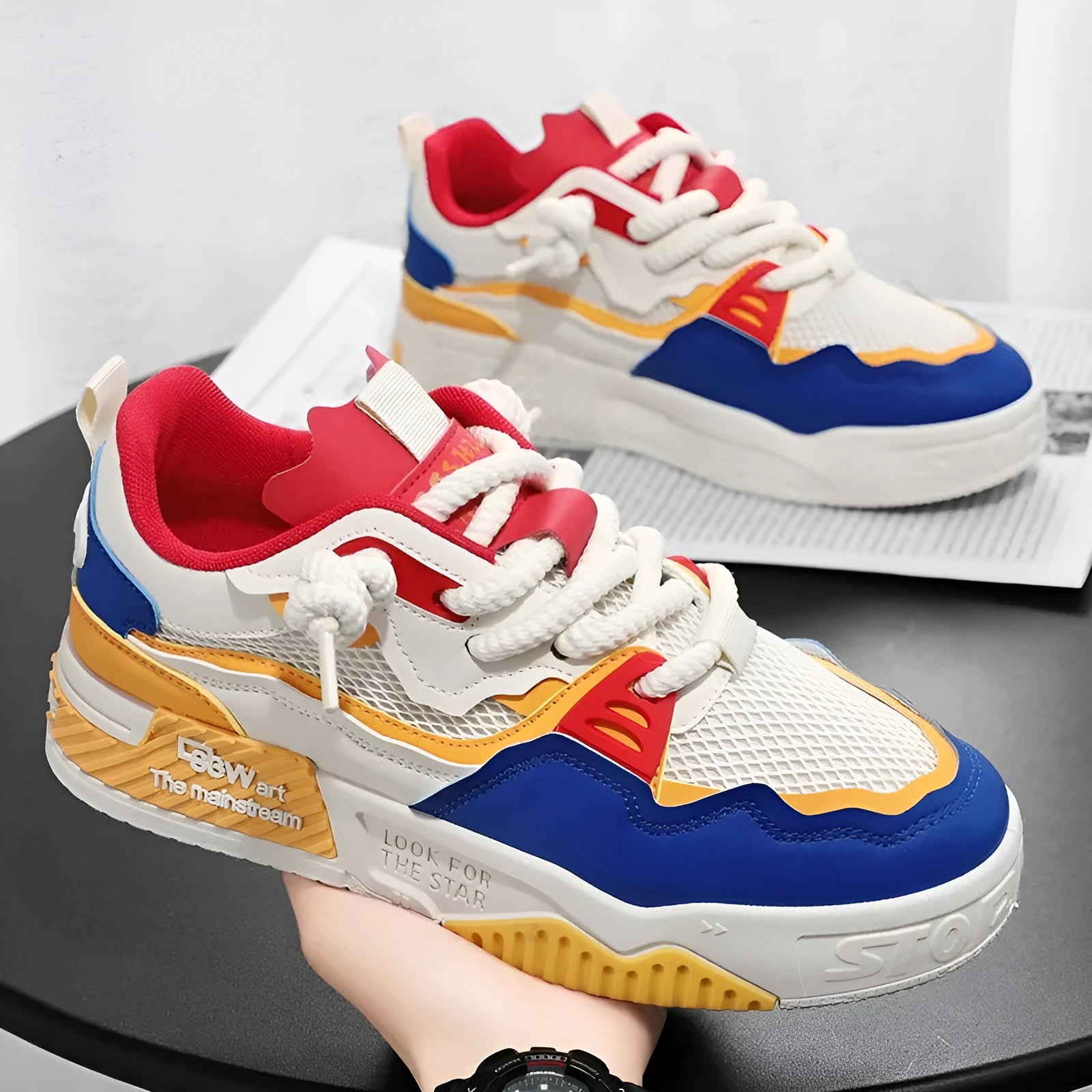 Men's low-top board shoes in beige, white and black, and white and yellow colour options.