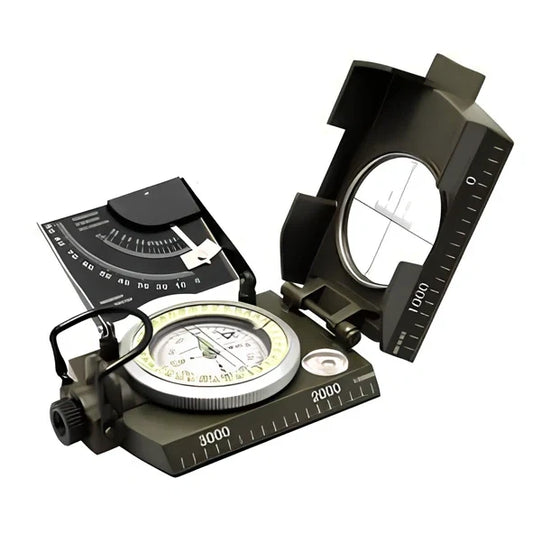CD metal ABS compass with adjustable tripod in Army Green for geographic surveys, 360-degree dial and stable base