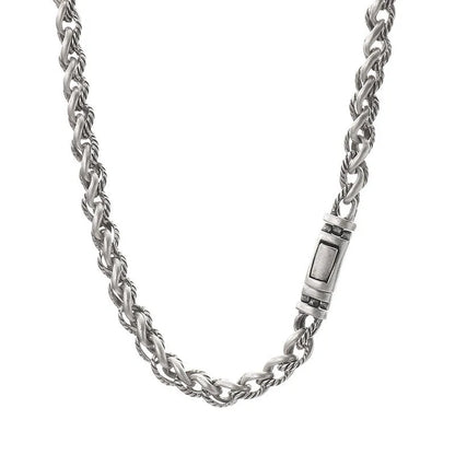 Men's antique silver titanium steel keel chain necklace with large geometric links on a black background.