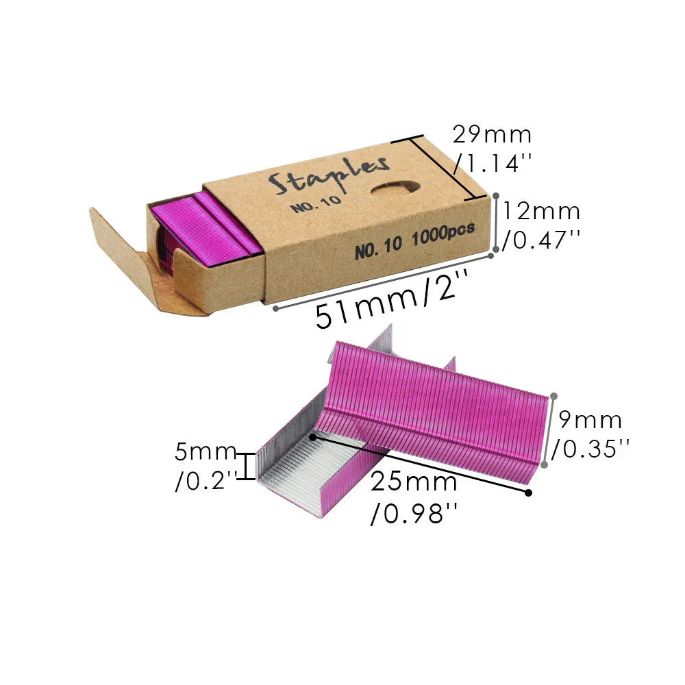 Box of 1000 metal stapling needles in rose gold, black, purple, and rose red colours.