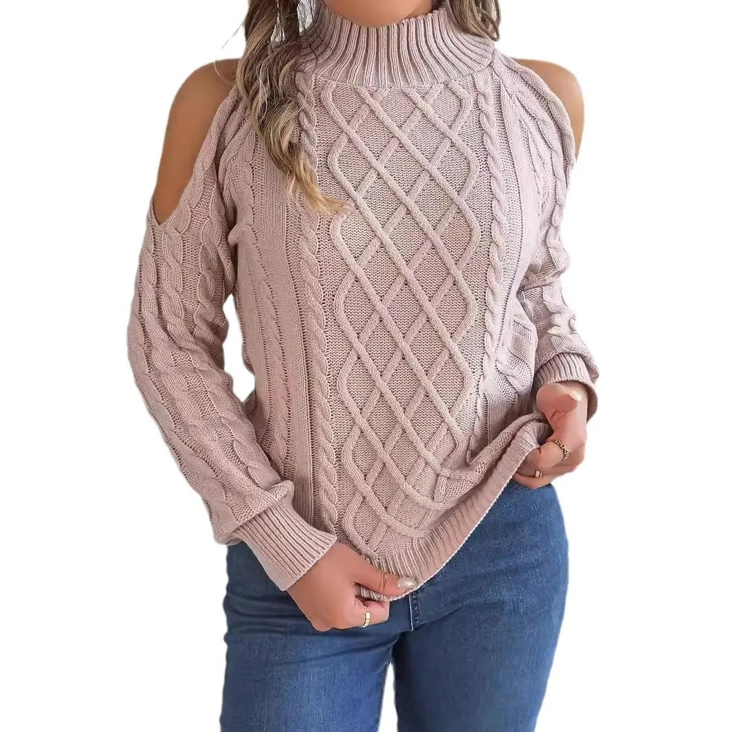 Gray women's acrylic pullover sweater with a strapless high collar, twisted pattern, and long lantern sleeves.