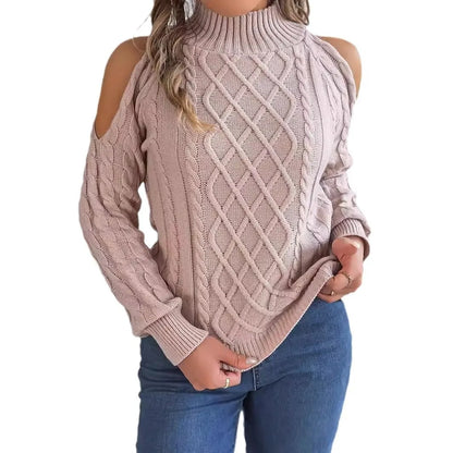 Gray women's acrylic pullover sweater with a strapless high collar, twisted pattern, and long lantern sleeves.