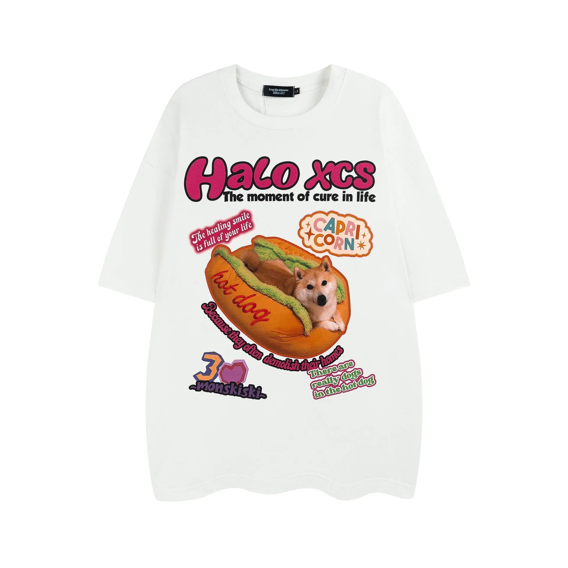 Cotton T-shirt with cartoon hamburger dog print in loose style, available in three colours