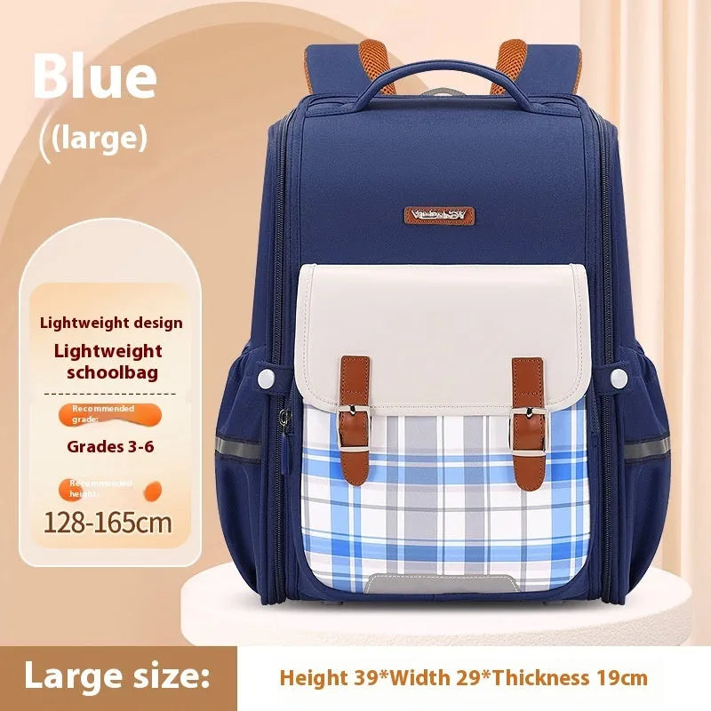 Durable Oxford cloth school backpack for students, shown in a choice of colours like navy blue, pink, and beige.