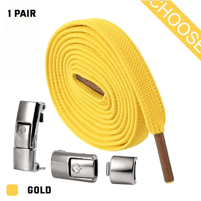 Press lock elastic shoelace with 8mm widened flat profile in assorted colours.