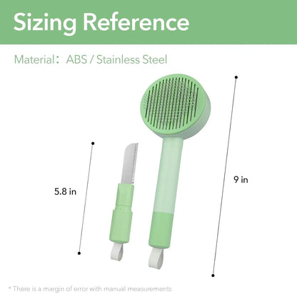 Green and yellow pet grooming brush with stainless steel needles measuring 17.5x8cm