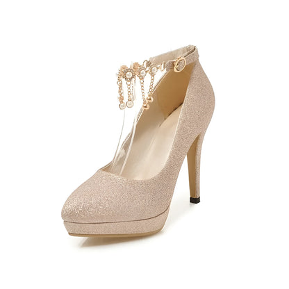 Women's platform high heels with stiletto heel in blue, pink, gold, or silver, showing pointed toe and available cutting depths.