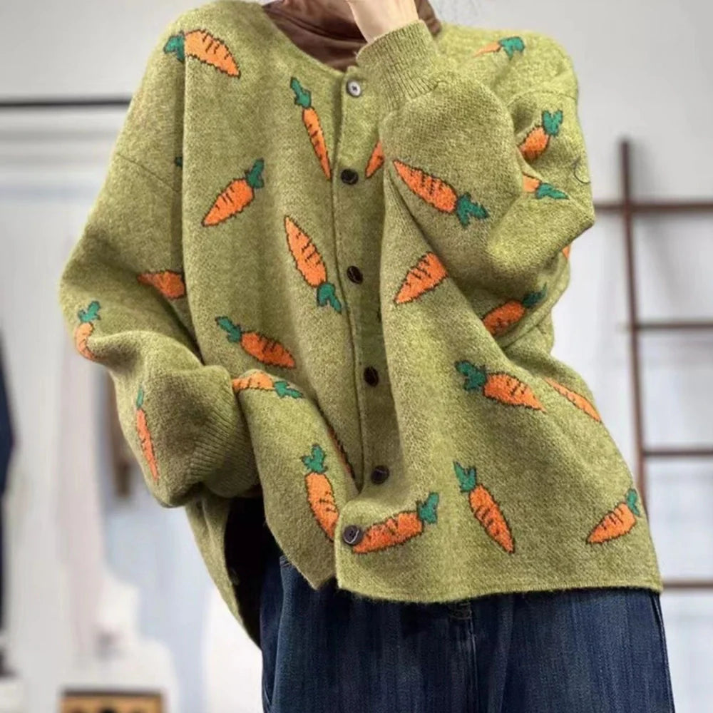 Round neck Mori artistic printing cardigan with colour contrast design in loose casual fit