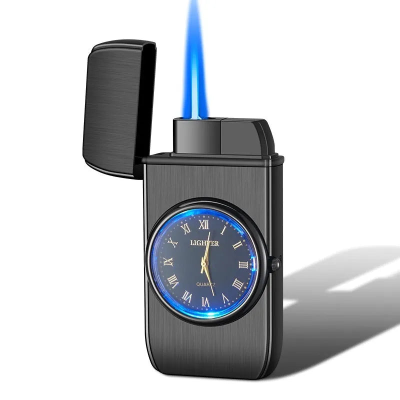 Multifunctional electronic watch lighter in black brushed metal showing watch face and ignition button.