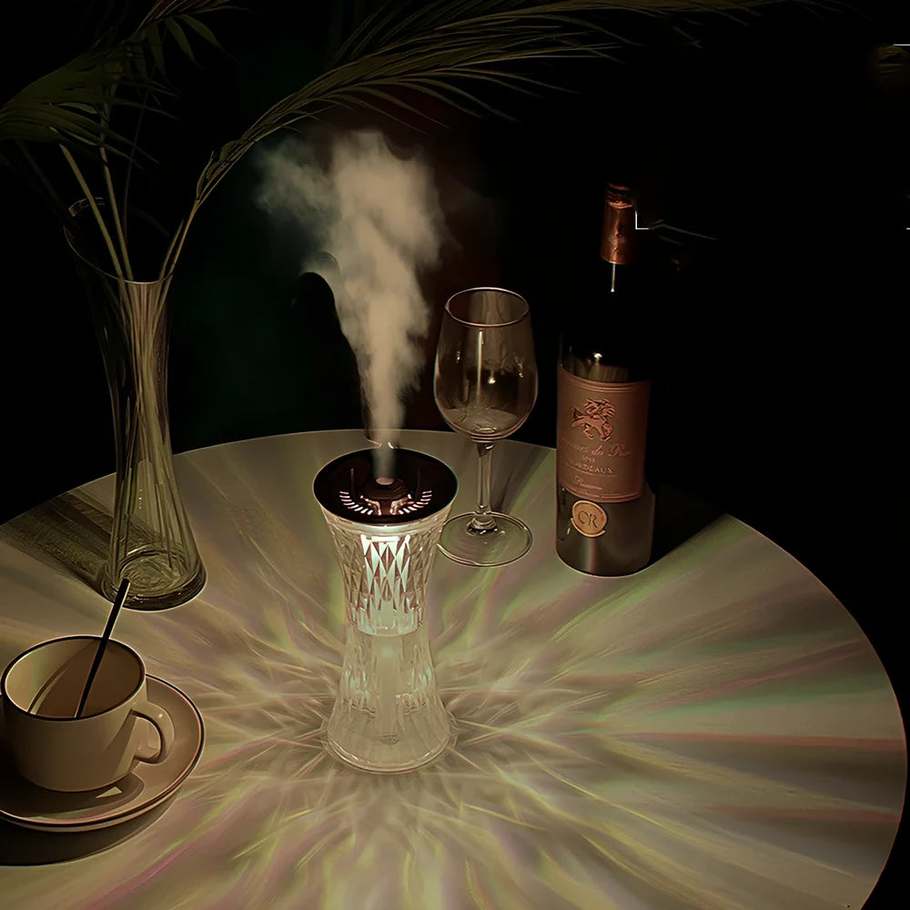 Wild Waist desktop humidifier in romantic atmosphere lamp mode, 86x86x193mm size with 270mL tank and USB cable