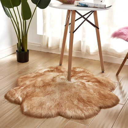Artificial woolen carpet rug with floral sheepskin pattern in plush fabric, available in multiple sizes and colours