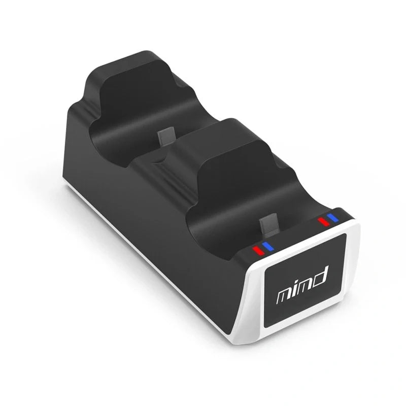 PS5 Wireless Controller Dual Charge Dock in black and white, charging two controllers simultaneously