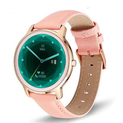 Women's rose gold smart watch with stainless steel mesh band on wrist, showing time on 1.3 inch screen